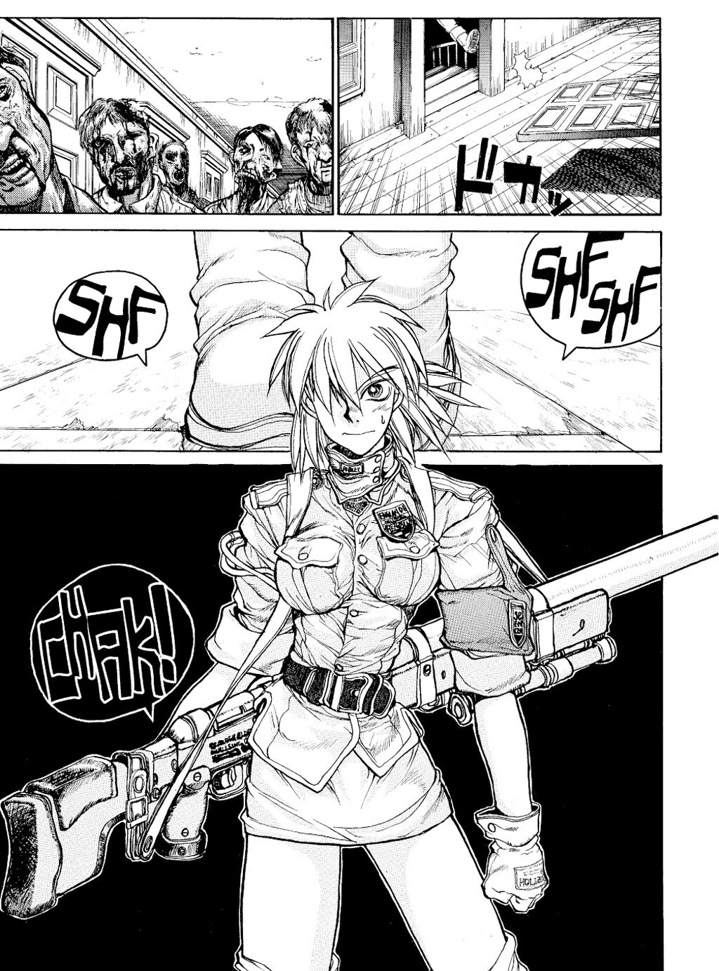 Seras Victorias practices with her newly acquired vampire abilities in Hellsing Ch. 4 "Sword Dancer 1" (1998), Shōnen Gahōsha