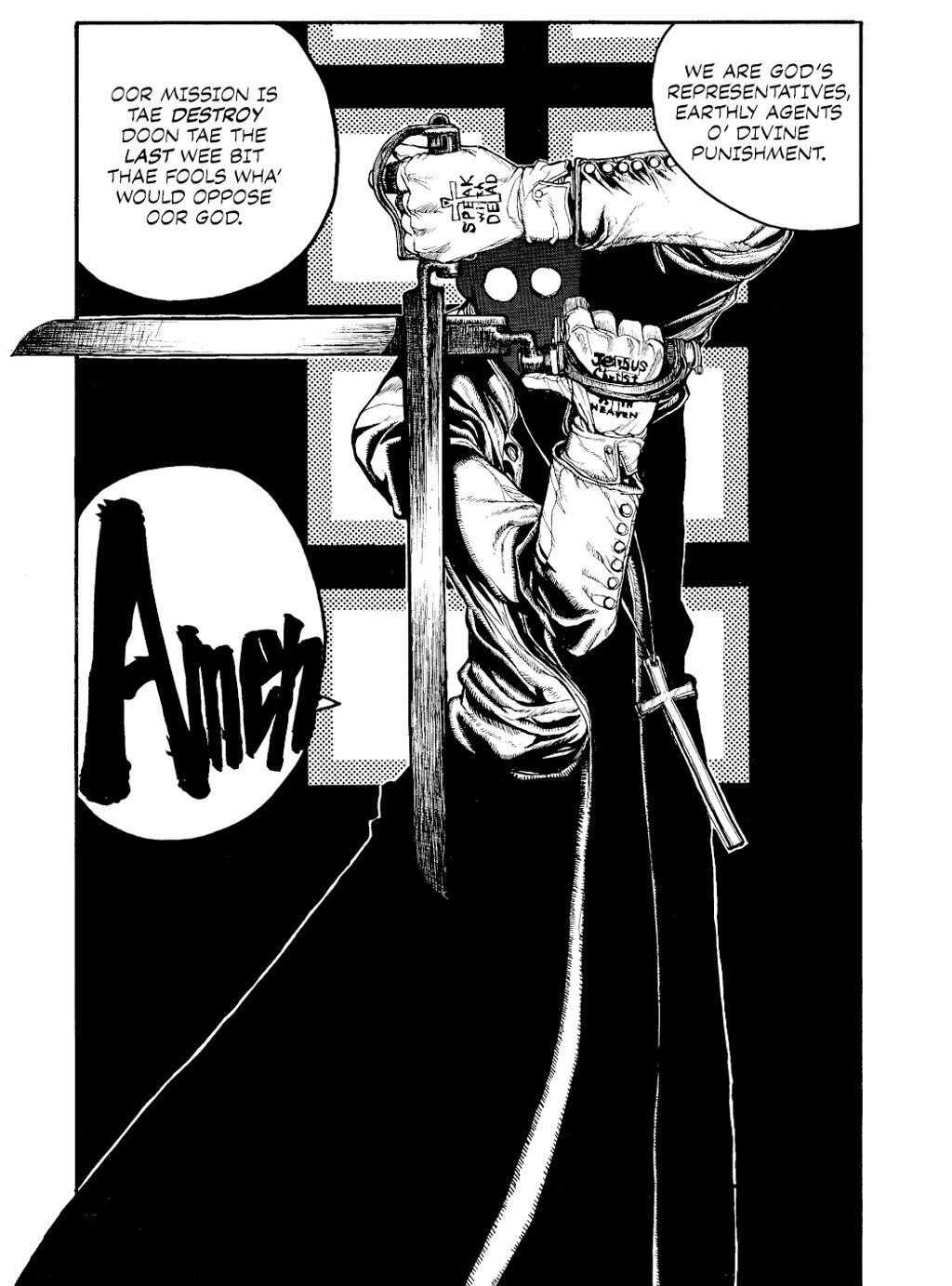 Father Alexander Anderson prepares to defends the Catholic Church's territory in Hellsing Ch. 4 "Sword Dancer 1" (1998), Shōnen Gahōsha