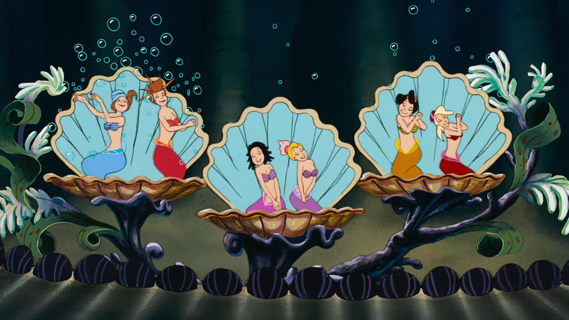 Triton's daughters practice their performance in The Little Mermaid (1989), Disney