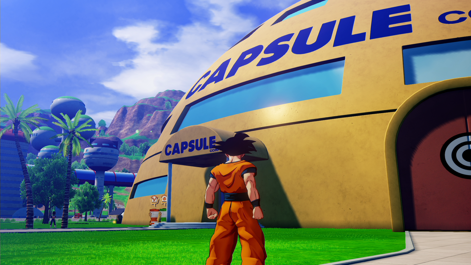 Goku (Masako Nozawa) pays a visit to the Capsule Corp HQ in Dragon Ball Z: Kakarot (2020), Bandai Namco
