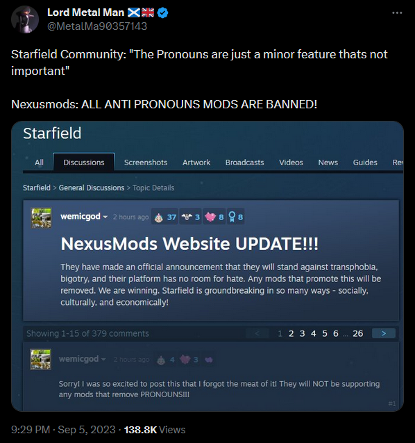 @MetalMa90357143 raises word that Nexus Mods may be banning any 'Starfield' mods that remove the game's pronoun modifier.