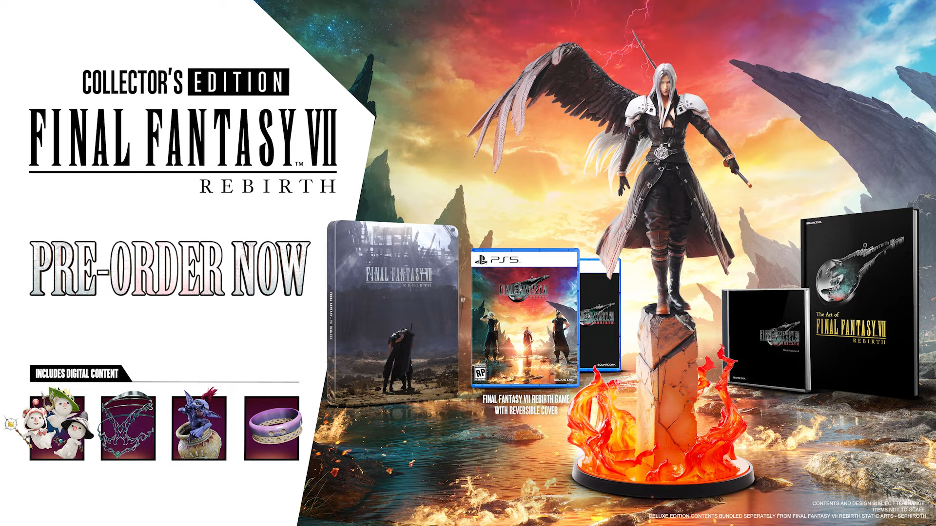 The Collector's Edition of Final Fantasy VII Rebirth includes includes a mini-soundtrack CD, artbook, steelbook case, the Summoning Materia DLC, the Reclaimant Choker armor, the Orchid Braclet armor, and a high detailed collectible statue of Sephiroth