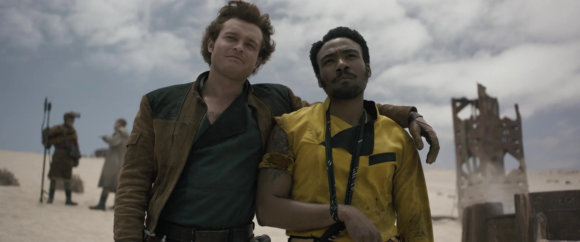 Han Solo (Alden Ehrenreich) takes a breather with Lando Calrissian (Donald Glover) in Solo: A Star Wars Story (2018), Lucasfilm