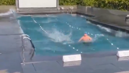A viral video out of Taiwan shows a man apparently caught swimming in a pool when a massive earthquake strikes.